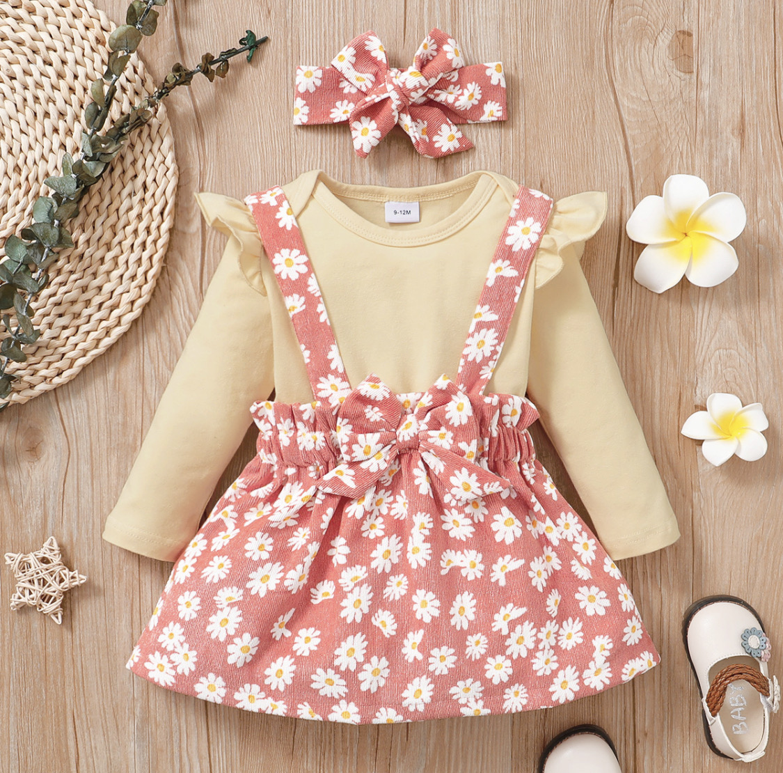 AB131 - Three Pieces Baby Girl Floral Suspender Skirt Set