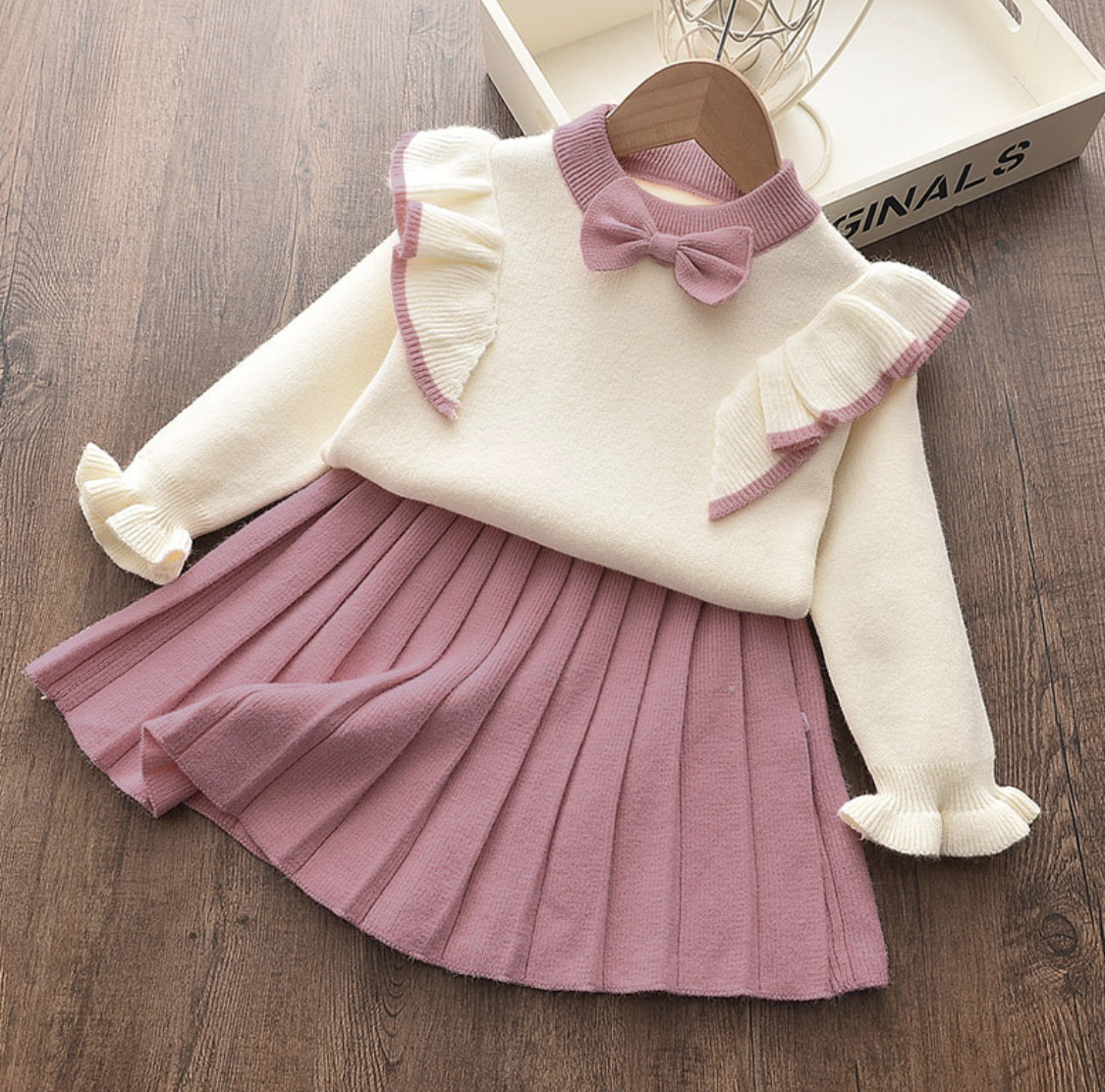 AB131 - Two Pieces Baby Toddler Bowknot Flounced Knitted Top & Pleatd Skirts I